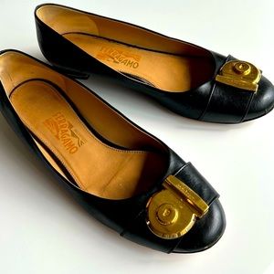 Salvatore Ferragamo gold buckle ballet toe shoe